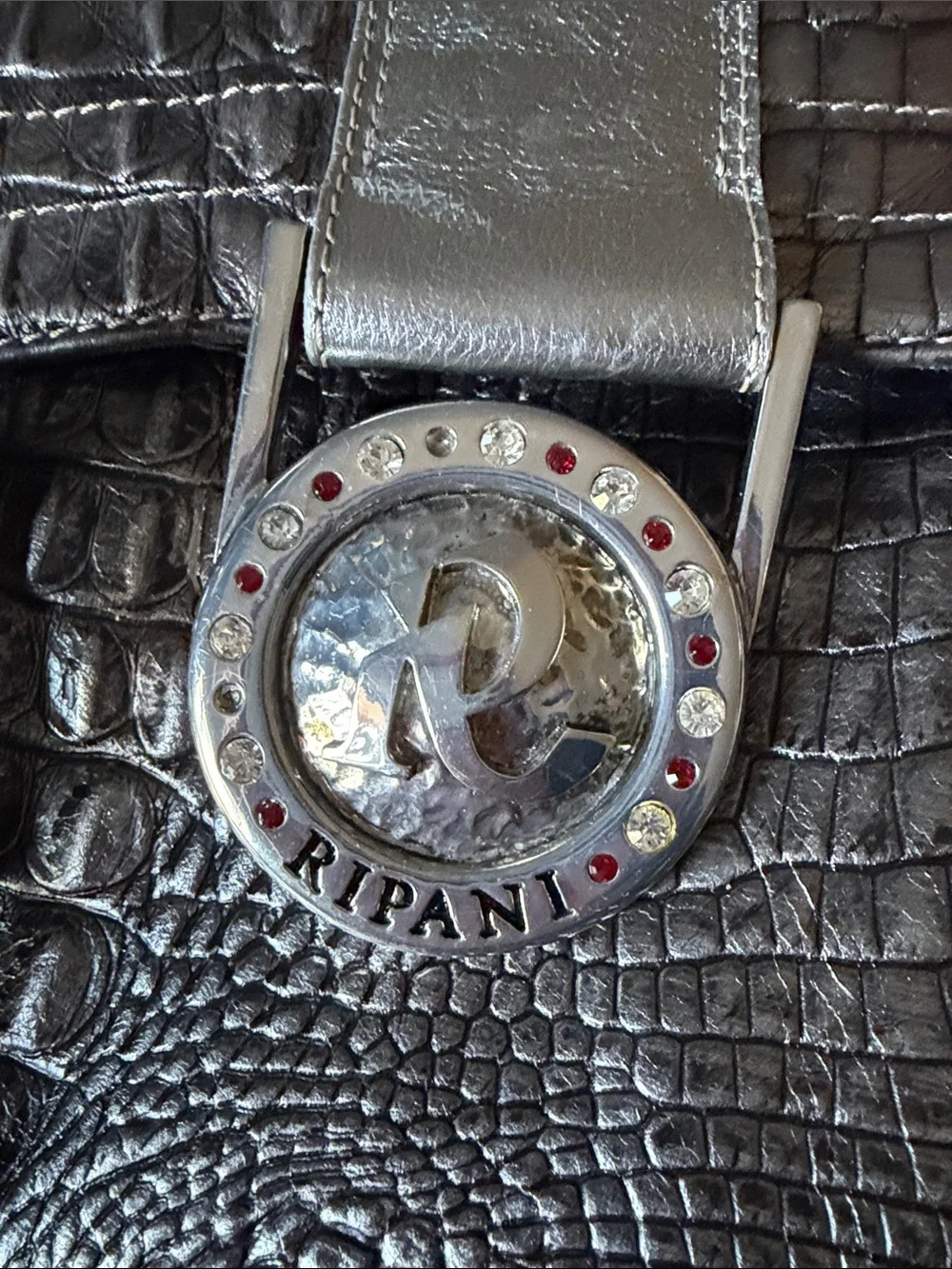 RIPANI Silver Pewter Croc-Embossed Satchel with Medallion Detail